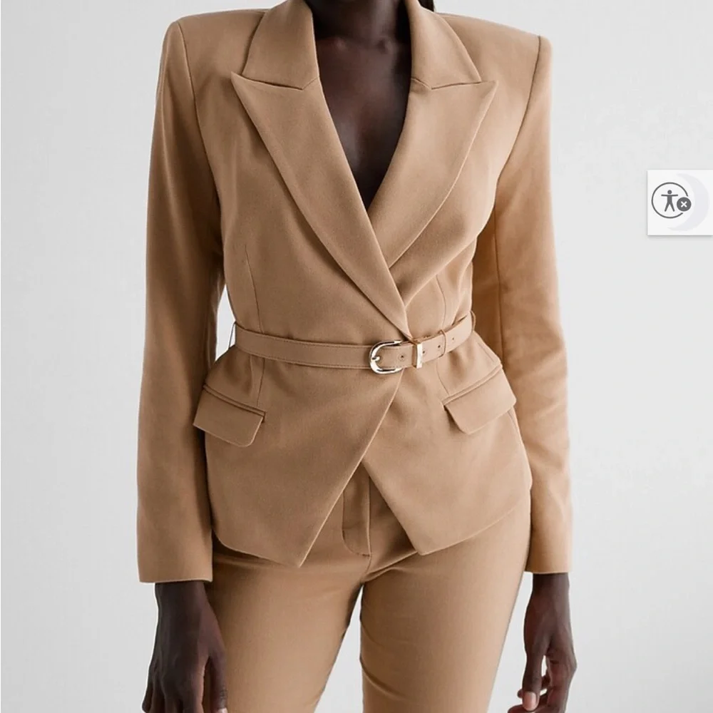 Express Tan blazer preppy double breasted office workwear neutral minimalist - Picture 4 of 16